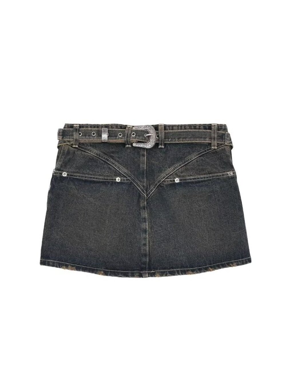 KAHE Back Buckle Mini Skirt Black Fade Denim Size 4